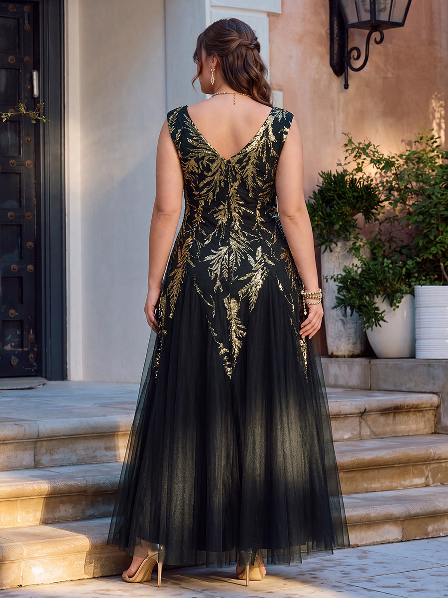 robe longue sans manches décolletée en V brodée de fleurs en A #Couleur_Noir & Or