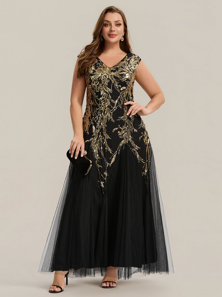 robe longue sans manches décolletée en V brodée de fleurs en A #Couleur_Noir & Or