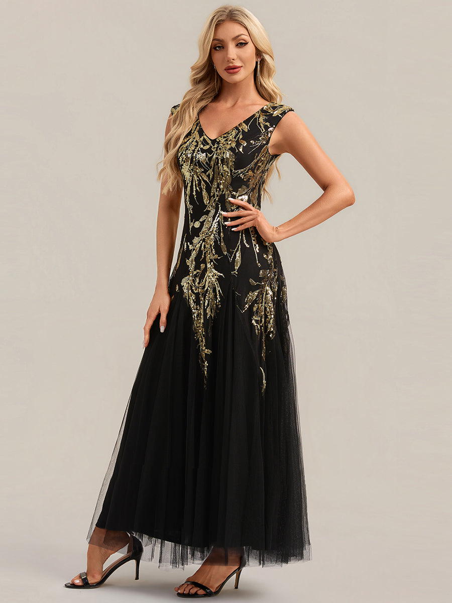 robe longue sans manches décolletée en V brodée de fleurs en A #Couleur_Noir & Or