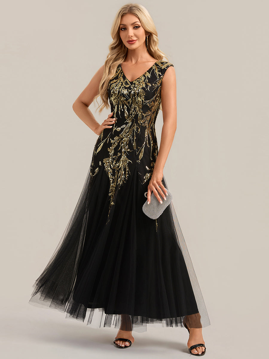 robe longue sans manches décolletée en V brodée de fleurs en A #Couleur_Noir & Or