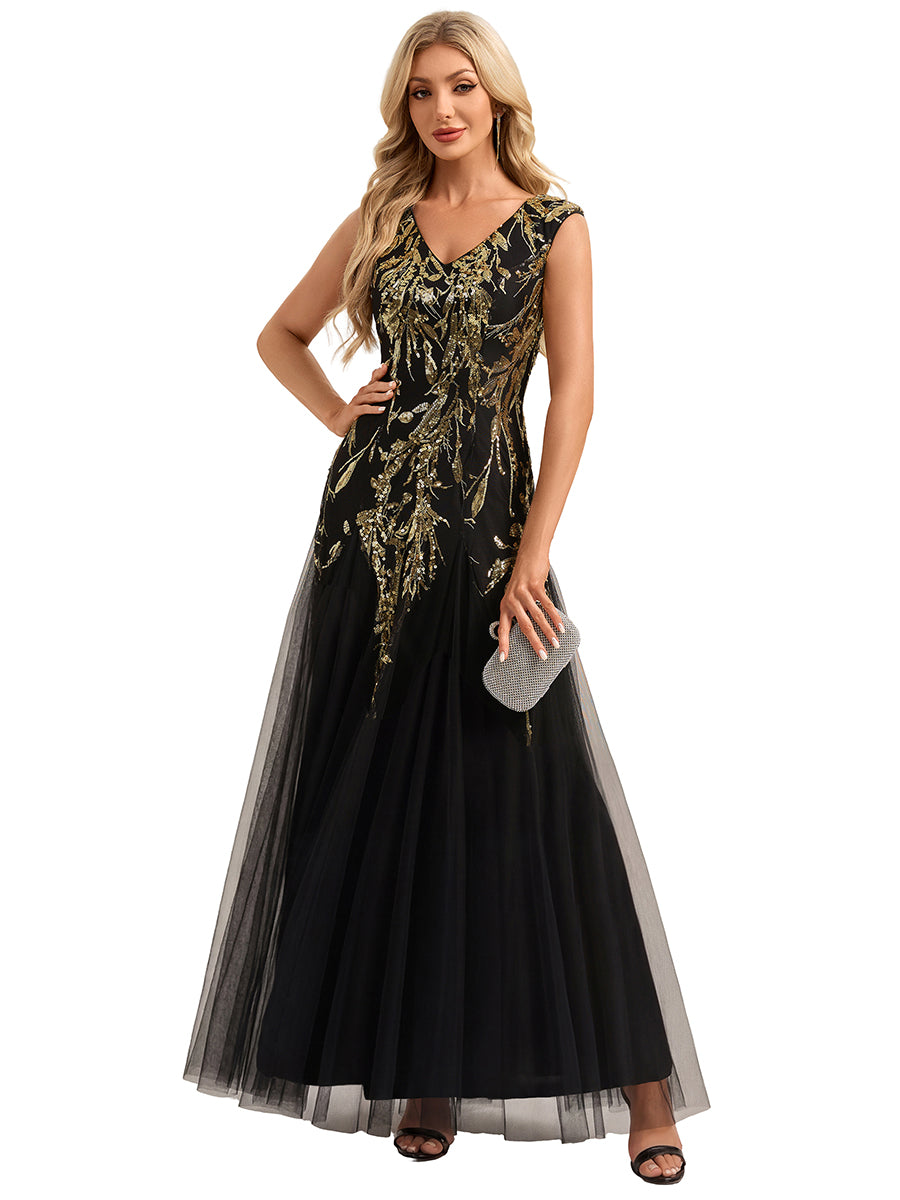 robe longue sans manches décolletée en V brodée de fleurs en A #Couleur_Noir & Or