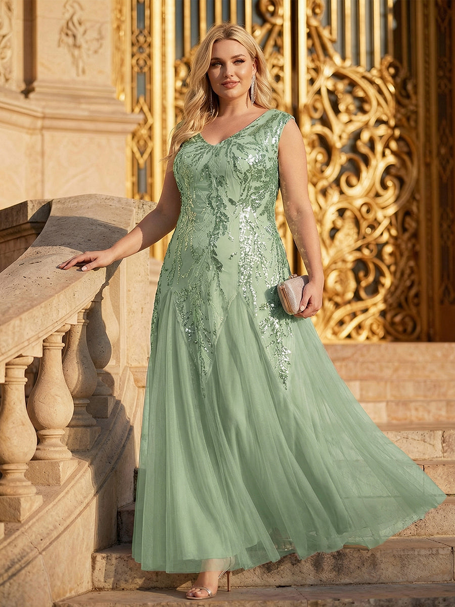 robe longue sans manches décolletée en V brodée de fleurs en A #Couleur_Menthe Verte