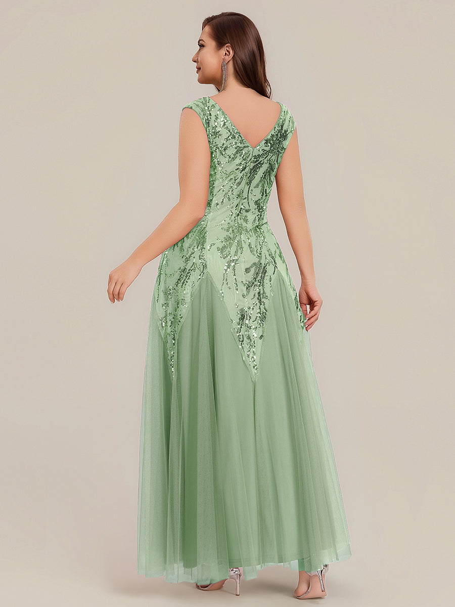 robe longue sans manches décolletée en V brodée de fleurs en A #Couleur_Menthe Verte