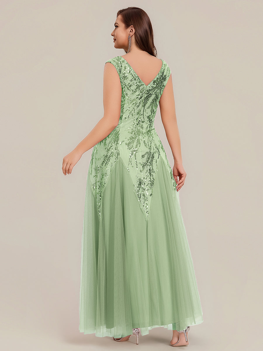 robe longue sans manches décolletée en V brodée de fleurs en A #Couleur_Menthe Verte