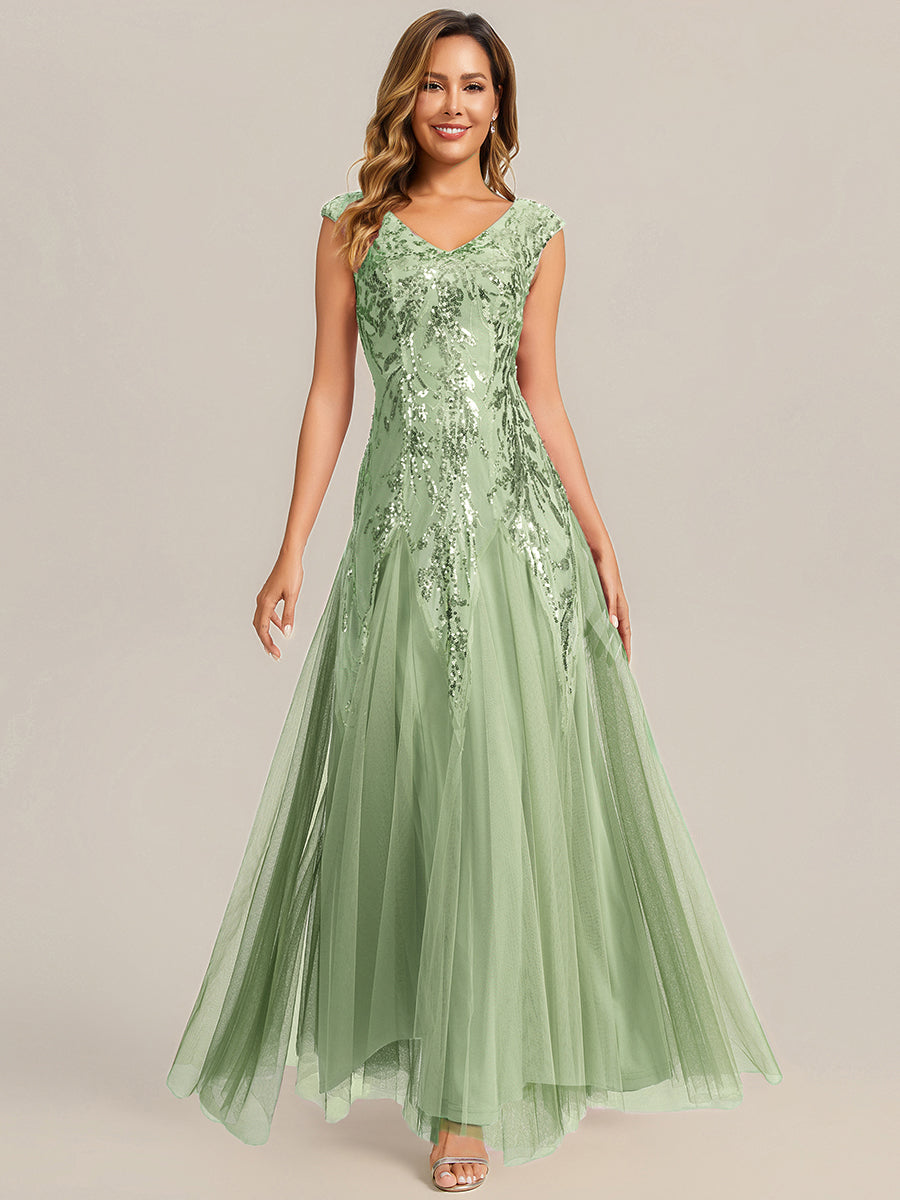 robe longue sans manches décolletée en V brodée de fleurs en A #Couleur_Menthe Verte