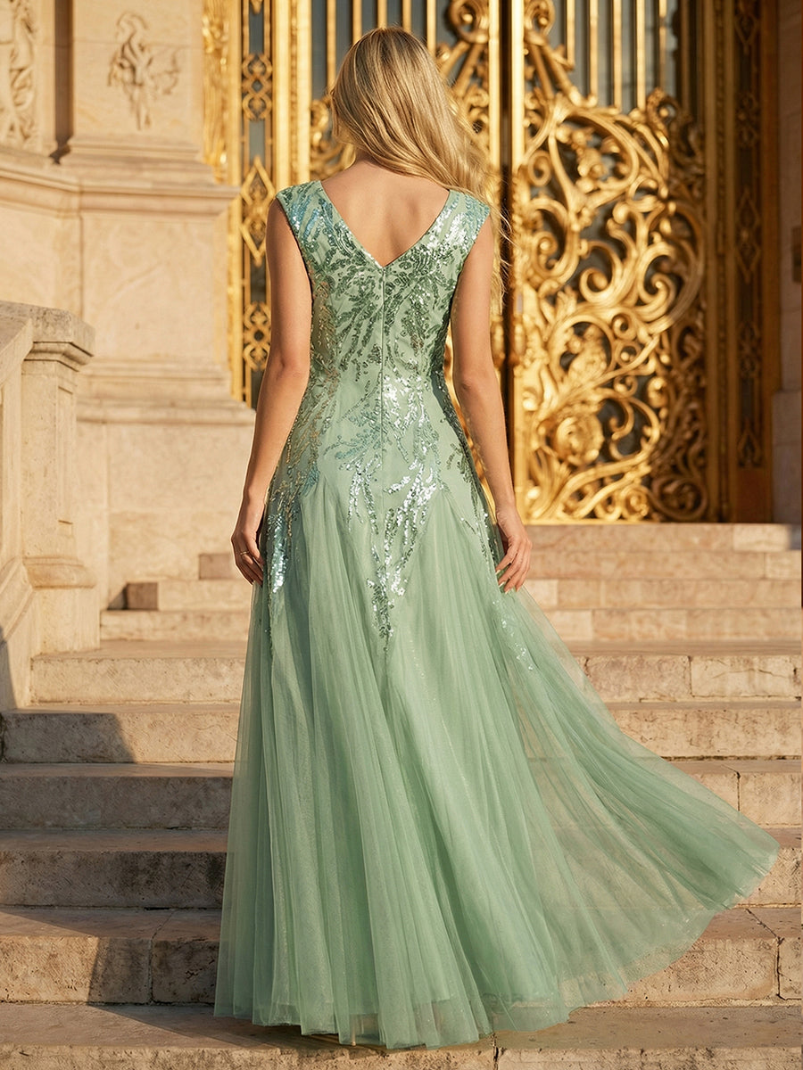 robe longue sans manches décolletée en V brodée de fleurs en A #Couleur_Menthe Verte