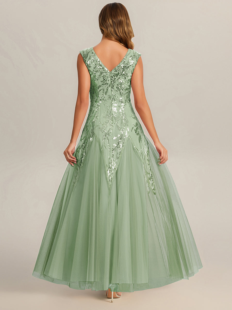 robe longue sans manches décolletée en V brodée de fleurs en A #Couleur_Menthe Verte