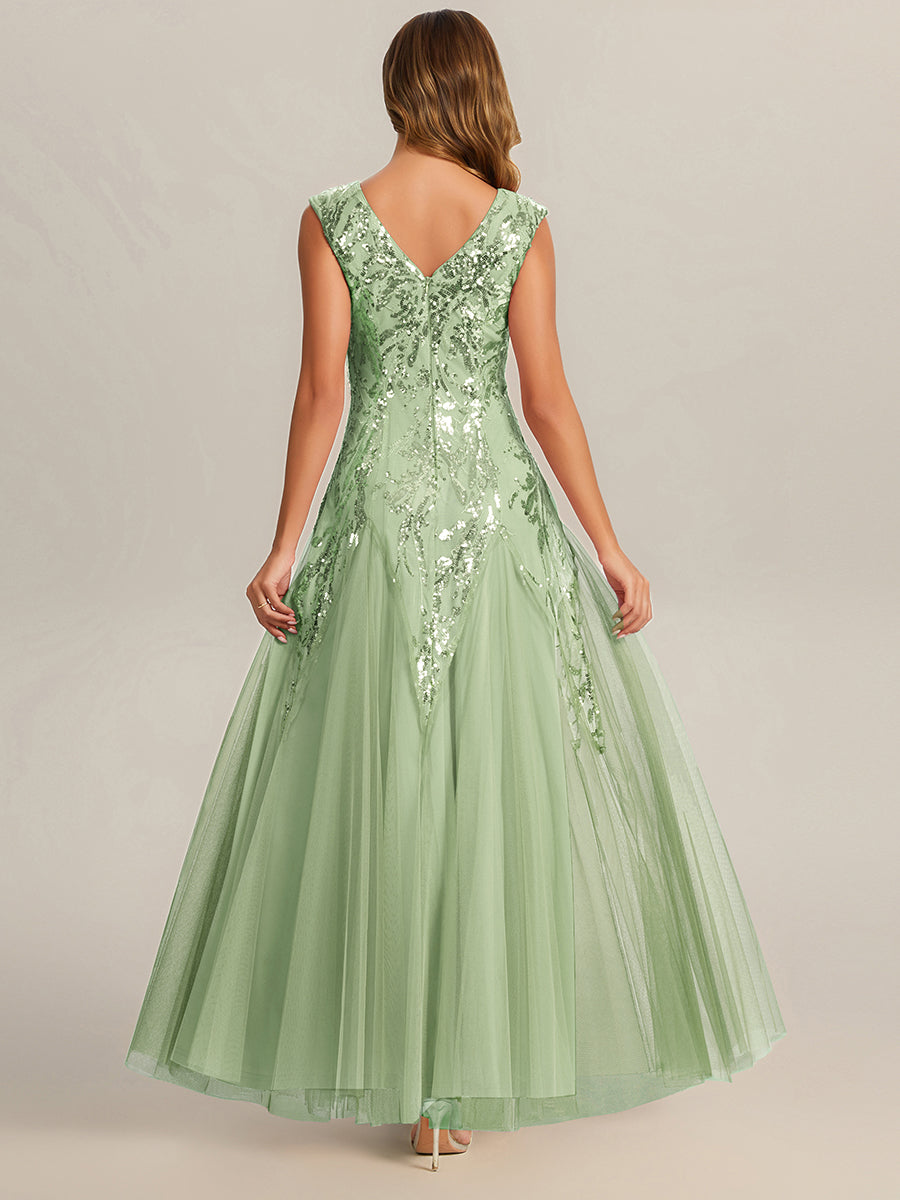 robe longue sans manches décolletée en V brodée de fleurs en A #Couleur_Menthe Verte