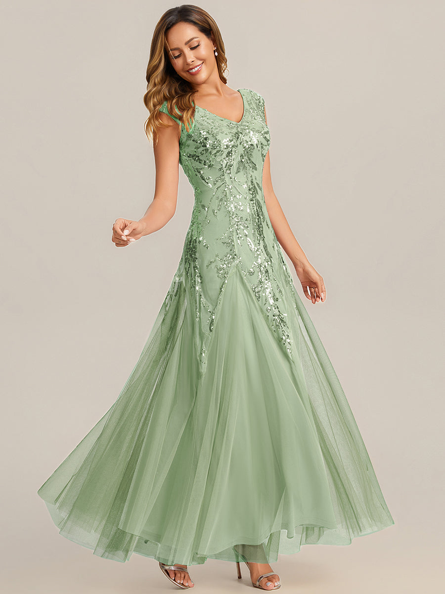 robe longue sans manches décolletée en V brodée de fleurs en A #Couleur_Menthe Verte