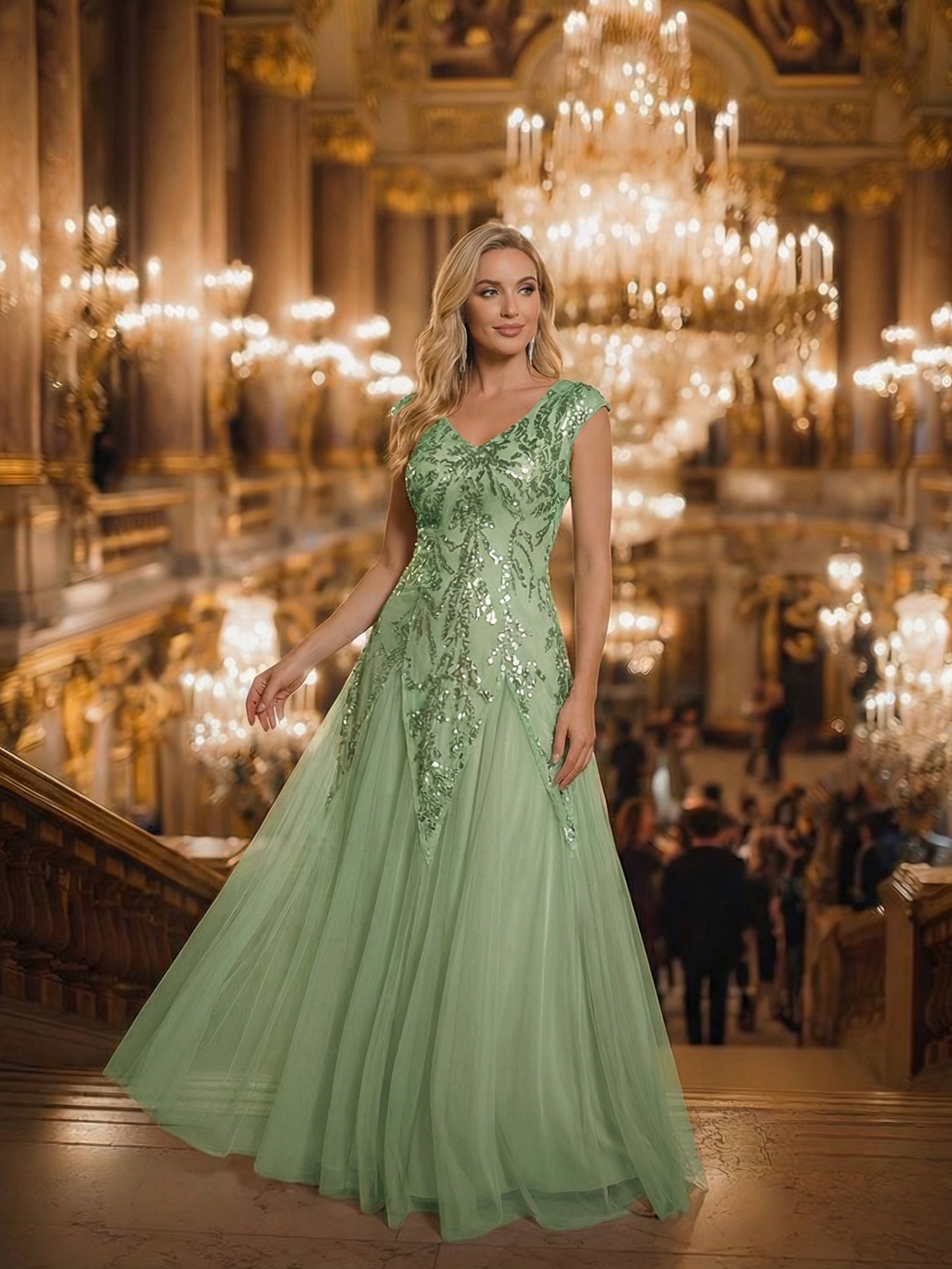 robe longue sans manches décolletée en V brodée de fleurs en A #Couleur_Menthe Verte