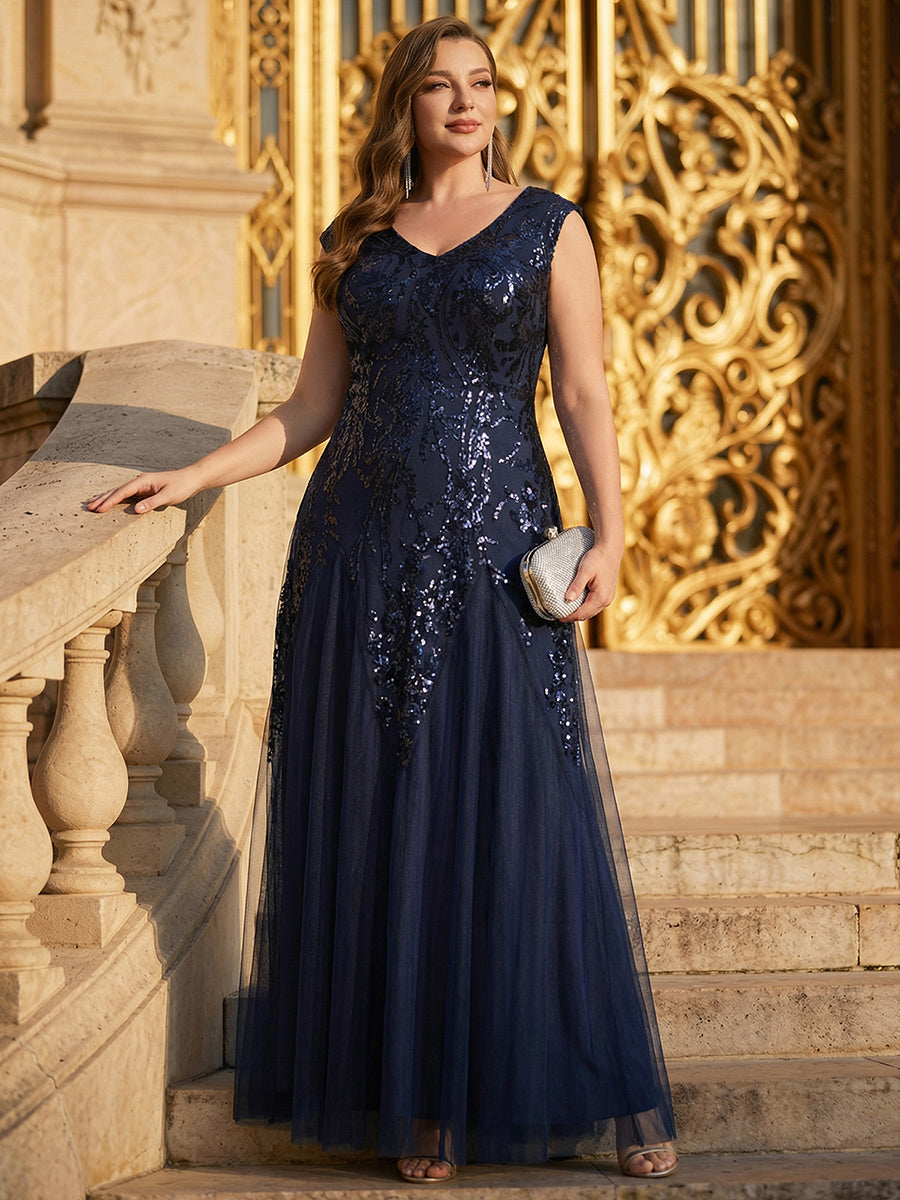 robe longue sans manches décolletée en V brodée de fleurs en A #Couleur_Bleu Marine