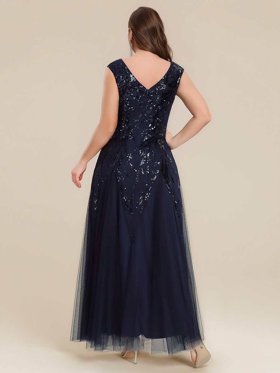 robe longue sans manches décolletée en V brodée de fleurs en A #Couleur_Bleu Marine