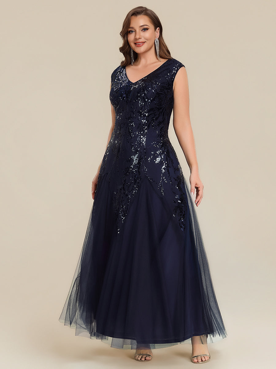 robe longue sans manches décolletée en V brodée de fleurs en A #Couleur_Bleu Marine
