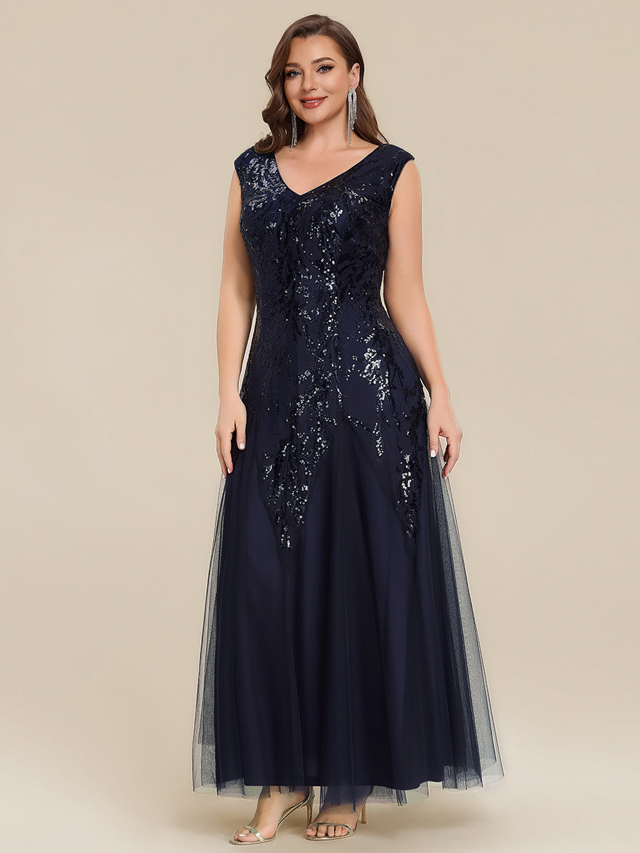robe longue sans manches décolletée en V brodée de fleurs en A #Couleur_Bleu Marine