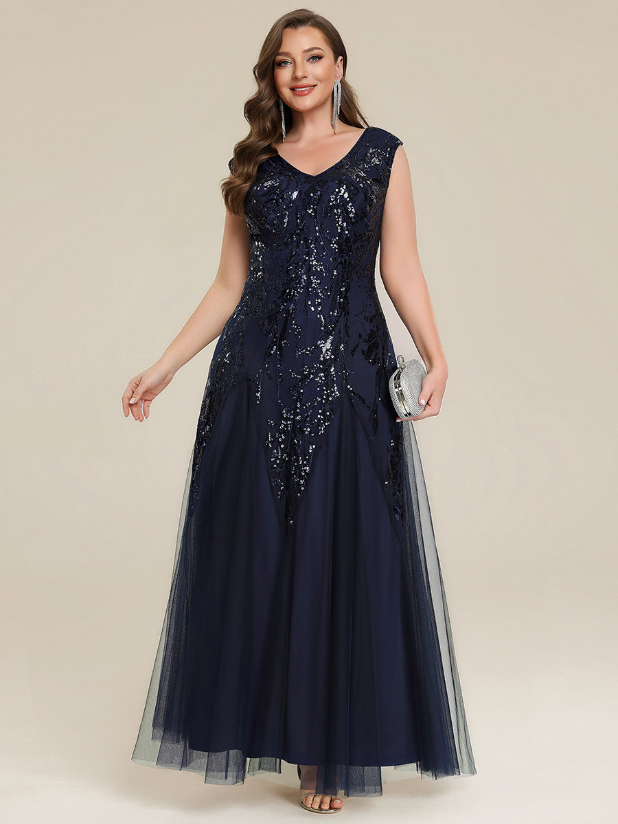 robe longue sans manches décolletée en V brodée de fleurs en A #Couleur_Bleu Marine