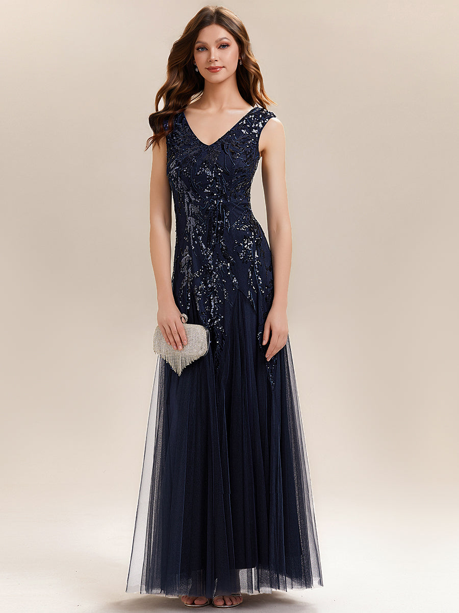 robe longue sans manches décolletée en V brodée de fleurs en A #Couleur_Bleu Marine