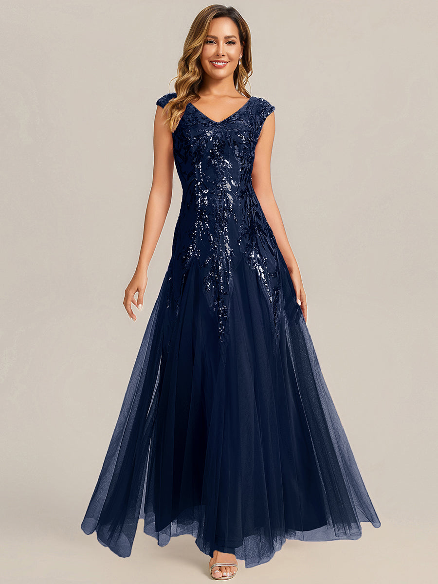 robe longue sans manches décolletée en V brodée de fleurs en A #Couleur_Bleu Marine