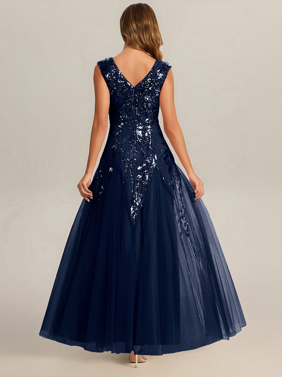 robe longue sans manches décolletée en V brodée de fleurs en A #Couleur_Bleu Marine