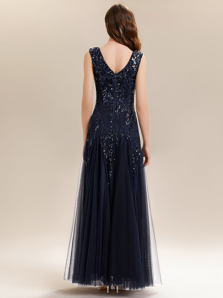 robe longue sans manches décolletée en V brodée de fleurs en A #Couleur_Bleu Marine