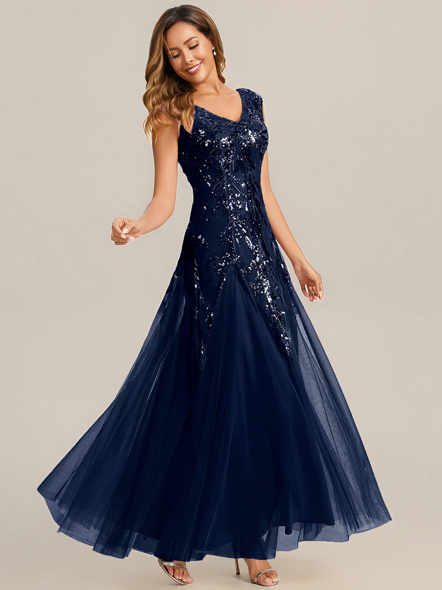 robe longue sans manches décolletée en V brodée de fleurs en A #Couleur_Bleu Marine