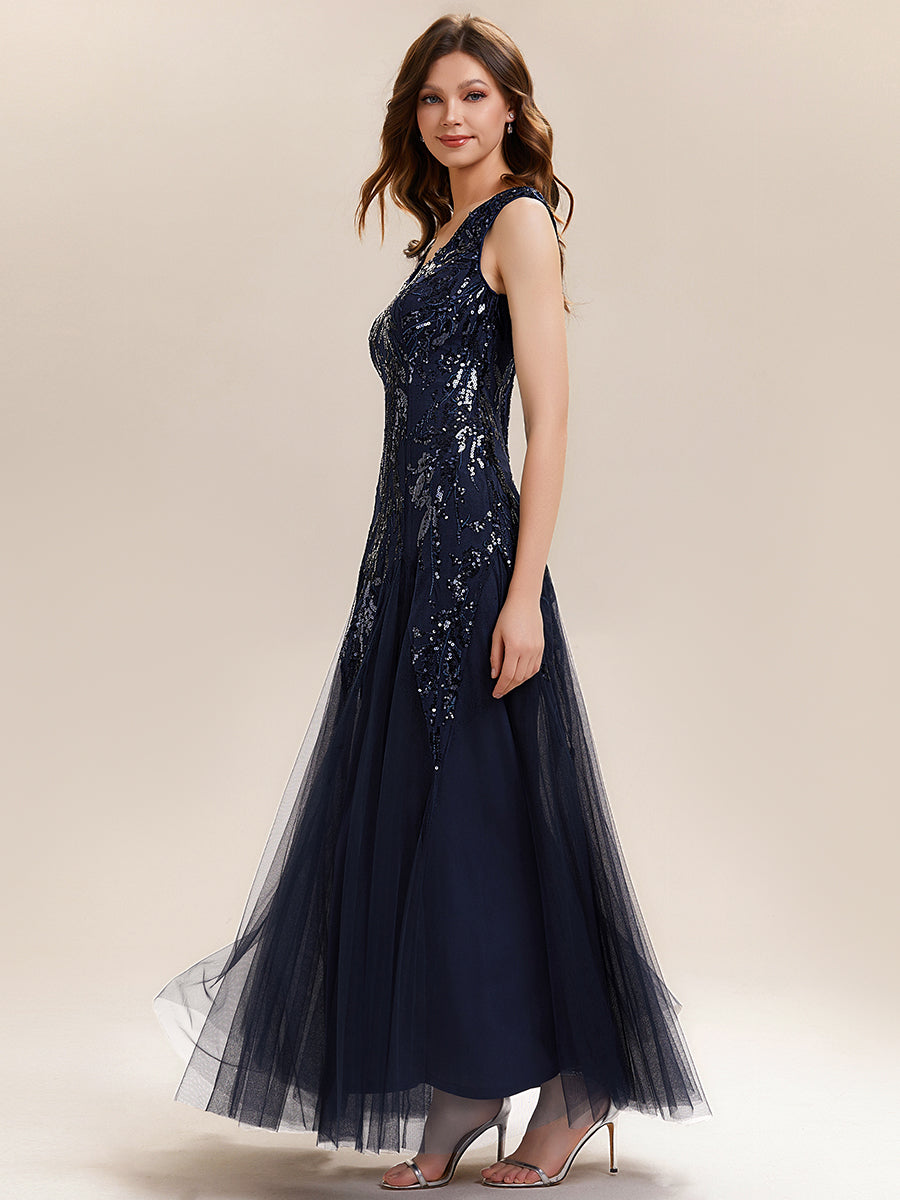 robe longue sans manches décolletée en V brodée de fleurs en A #Couleur_Bleu Marine
