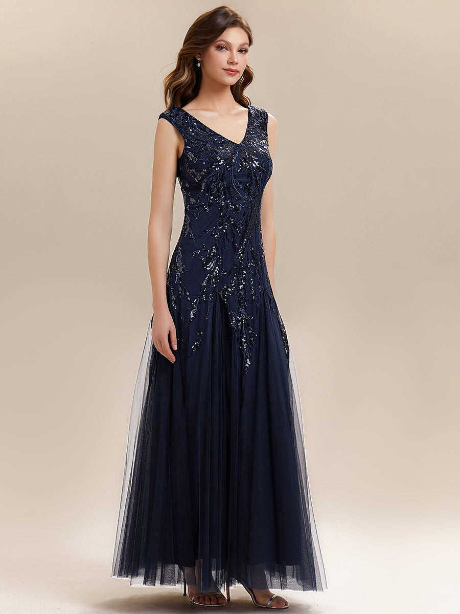 robe longue sans manches décolletée en V brodée de fleurs en A #Couleur_Bleu Marine