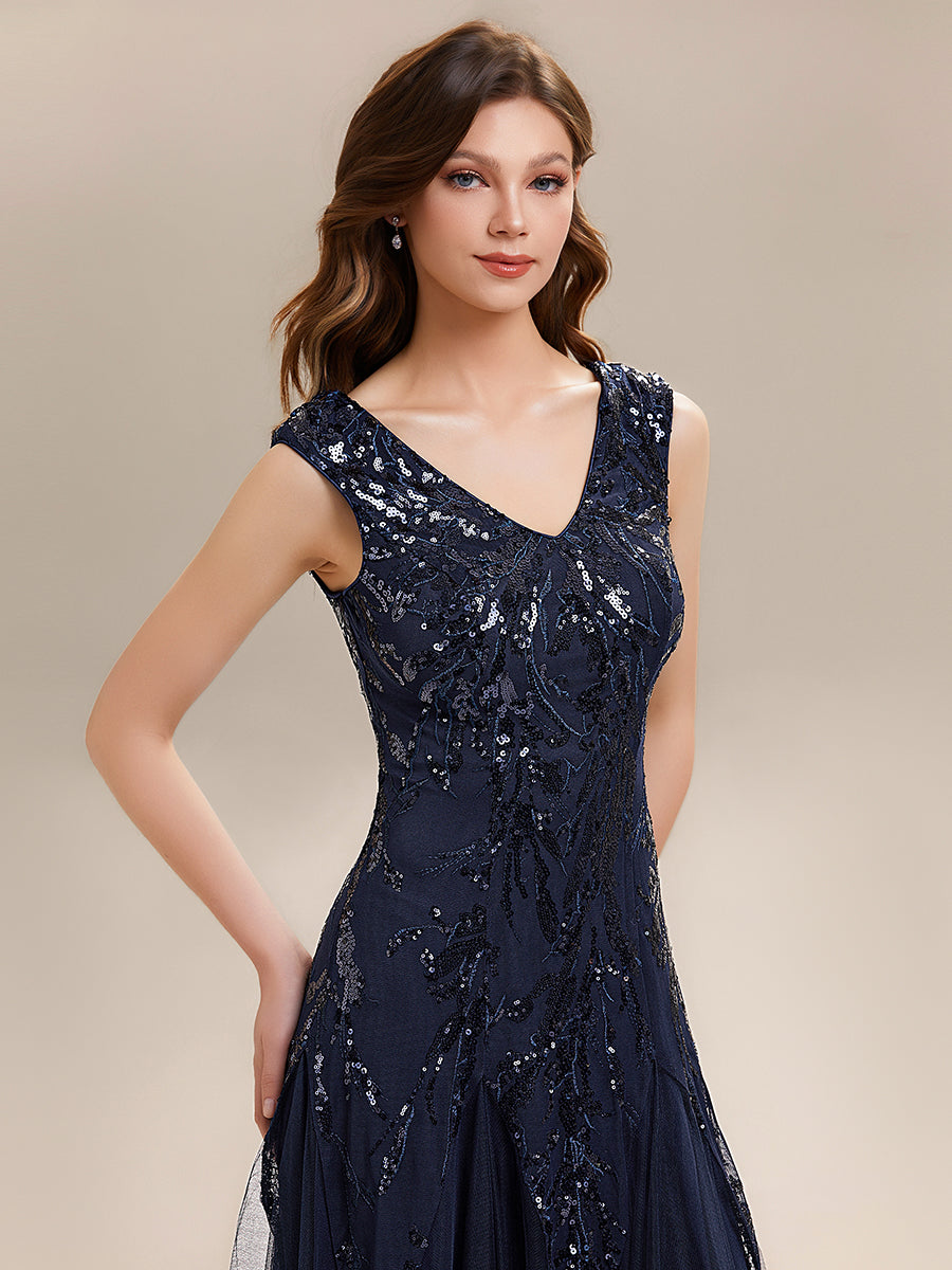 robe longue sans manches décolletée en V brodée de fleurs en A #Couleur_Bleu Marine