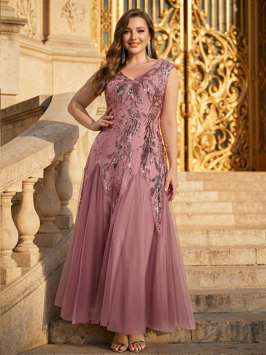 robe longue sans manches décolletée en V brodée de fleurs en A #Couleur_Orchidee