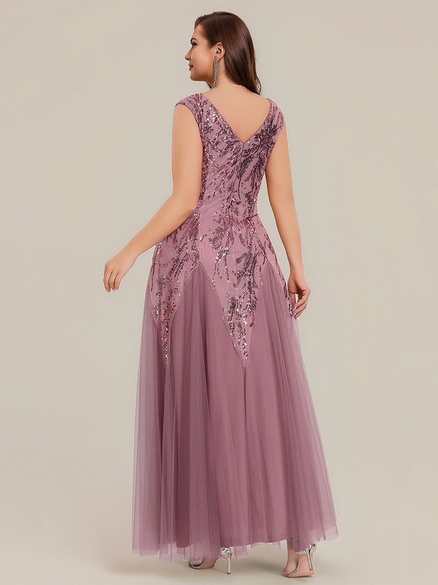 robe longue sans manches décolletée en V brodée de fleurs en A #Couleur_Orchidee