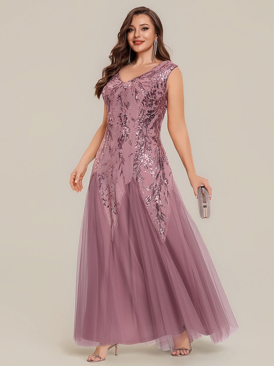 robe longue sans manches décolletée en V brodée de fleurs en A #Couleur_Orchidee