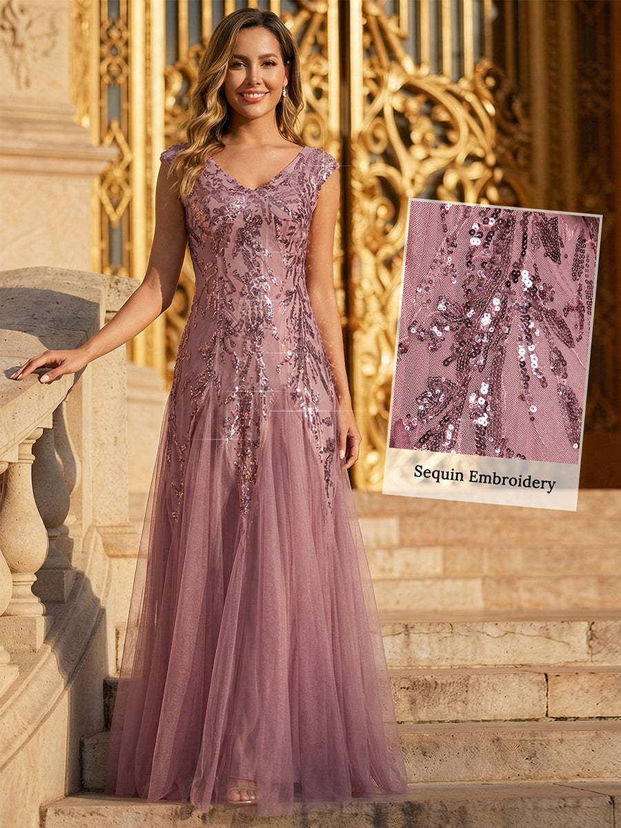 robe longue sans manches décolletée en V brodée de fleurs en A #Couleur_Orchidee