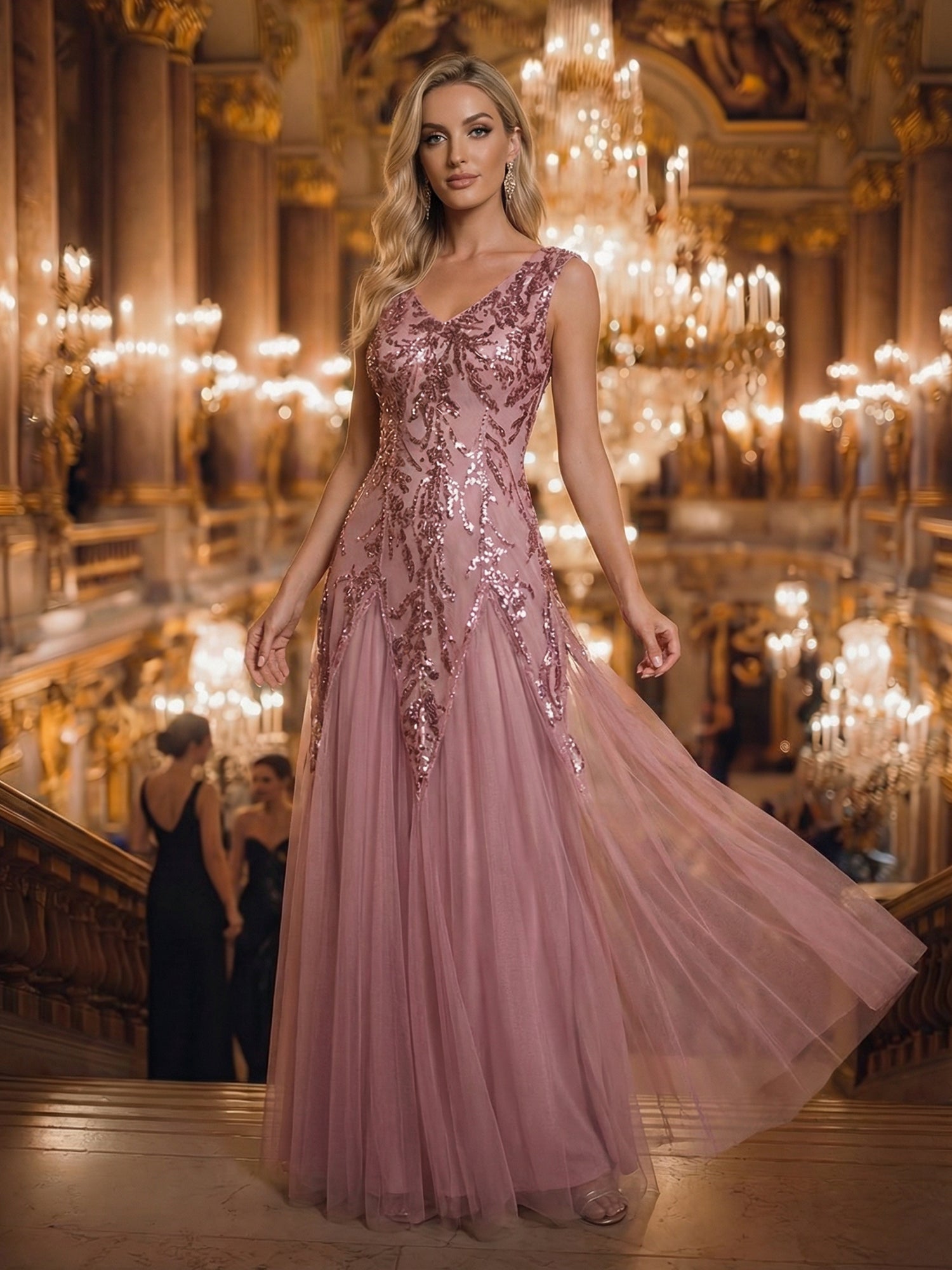 robe longue sans manches décolletée en V brodée de fleurs en A #Couleur_Orchidee