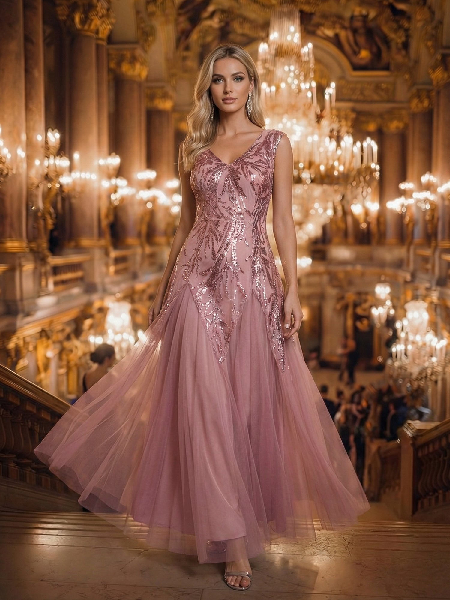 robe longue sans manches décolletée en V brodée de fleurs en A #Couleur_Orchidee