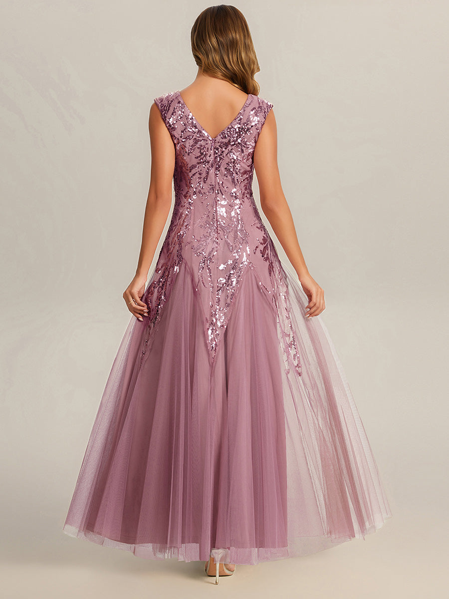 robe longue sans manches décolletée en V brodée de fleurs en A #Couleur_Orchidee