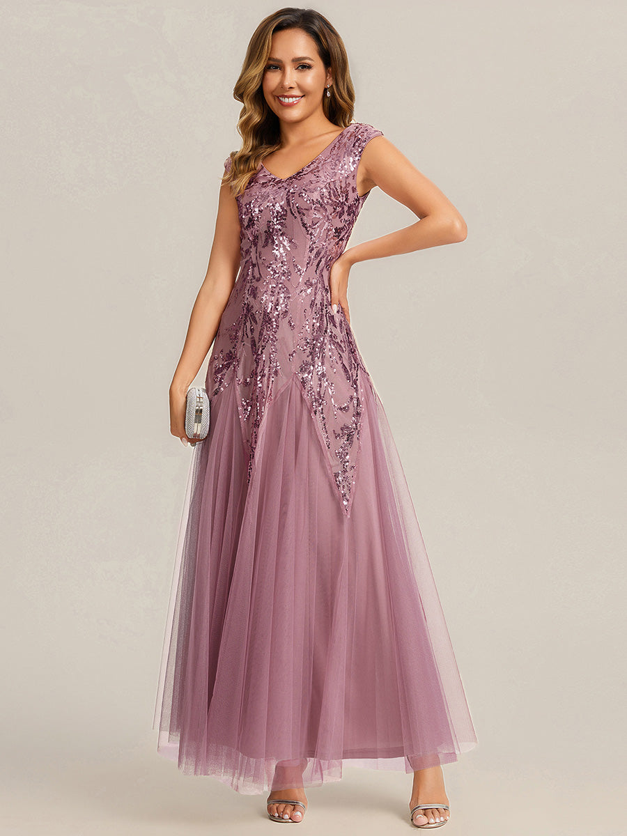 robe longue sans manches décolletée en V brodée de fleurs en A #Couleur_Orchidee