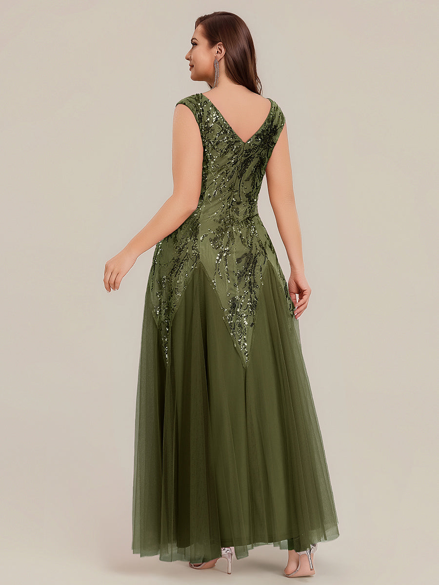 robe longue sans manches décolletée en V brodée de fleurs en A #Couleur_Vert Olive