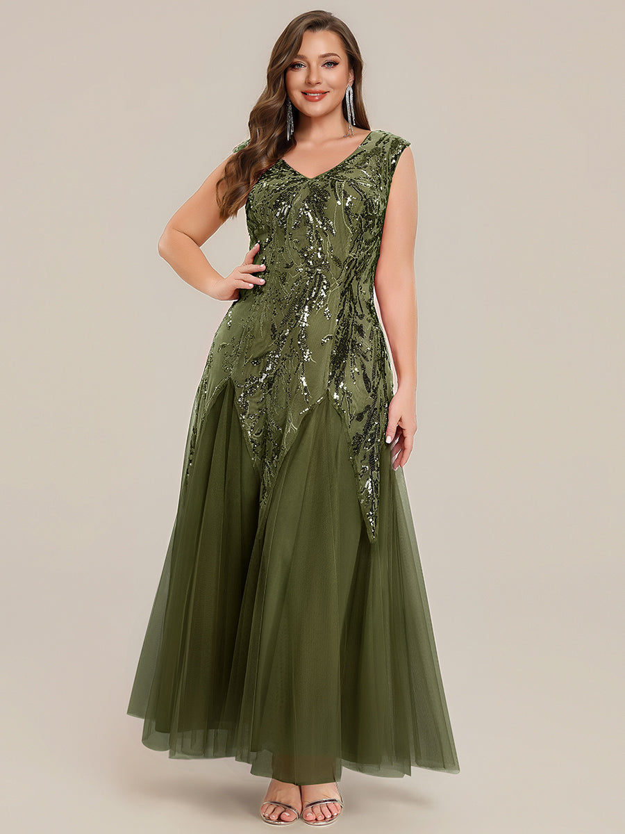 robe longue sans manches décolletée en V brodée de fleurs en A #Couleur_Vert Olive