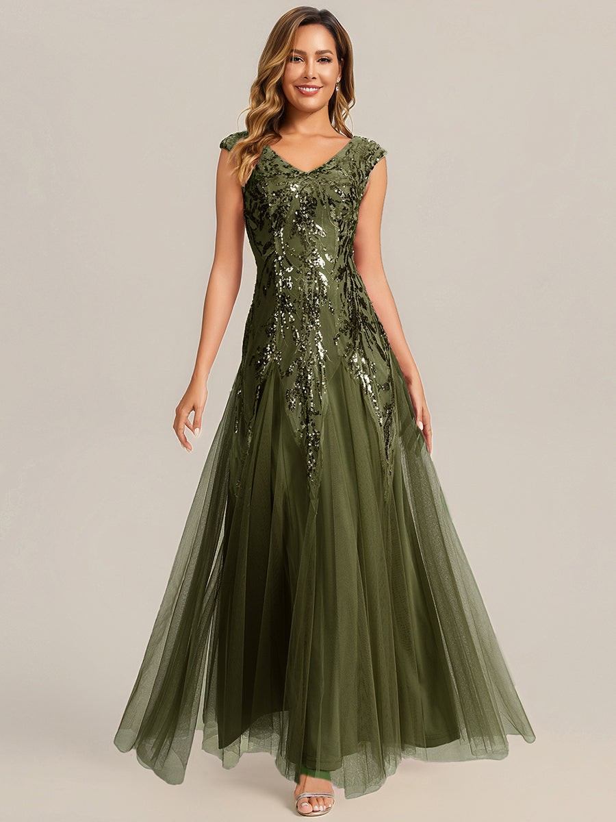 robe longue sans manches décolletée en V brodée de fleurs en A #Couleur_Vert Olive