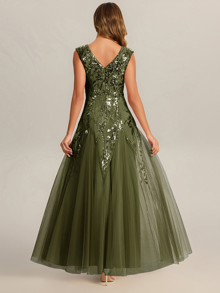 robe longue sans manches décolletée en V brodée de fleurs en A #Couleur_Vert Olive