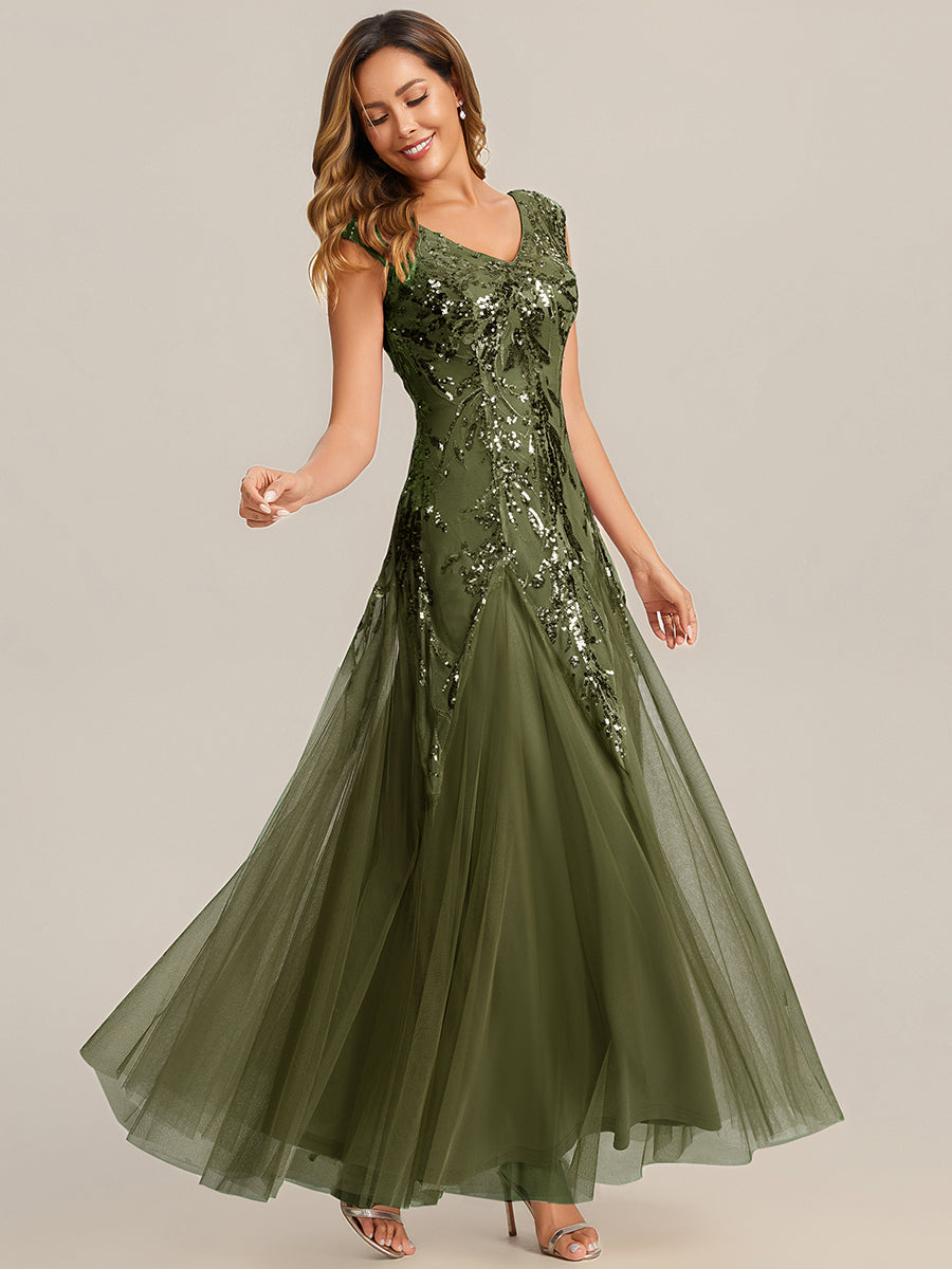 robe longue sans manches décolletée en V brodée de fleurs en A #Couleur_Vert Olive