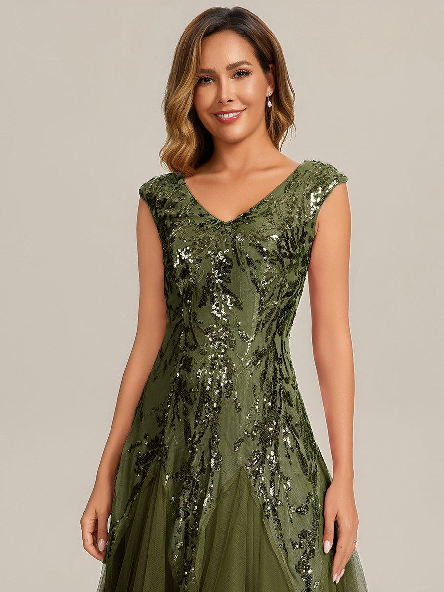 robe longue sans manches décolletée en V brodée de fleurs en A #Couleur_Vert Olive