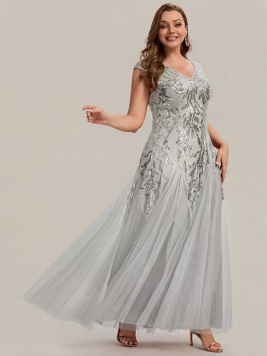 robe longue sans manches décolletée en V brodée de fleurs en A #Couleur_Argent