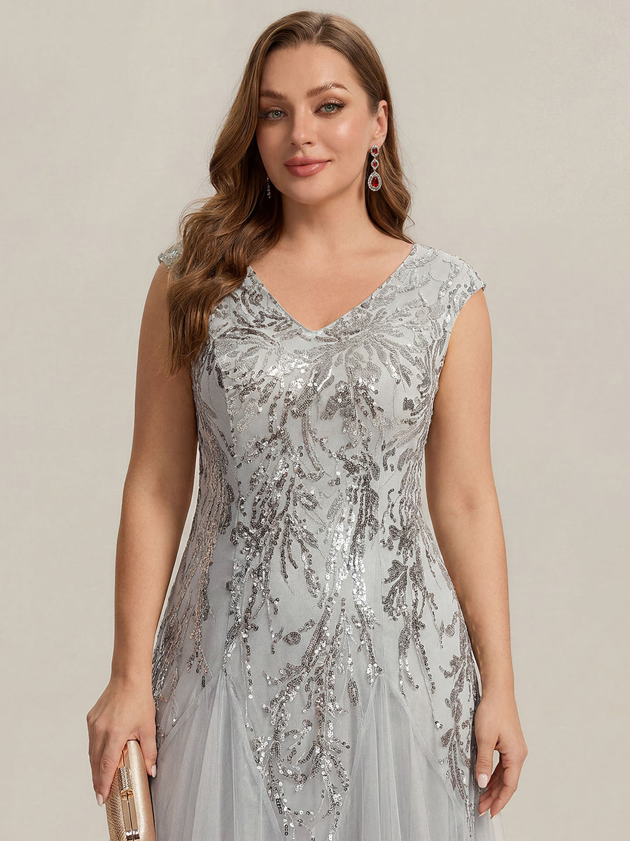 robe longue sans manches décolletée en V brodée de fleurs en A #Couleur_Argent