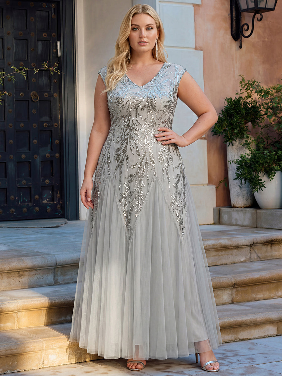 robe longue sans manches décolletée en V brodée de fleurs en A #Couleur_Argent