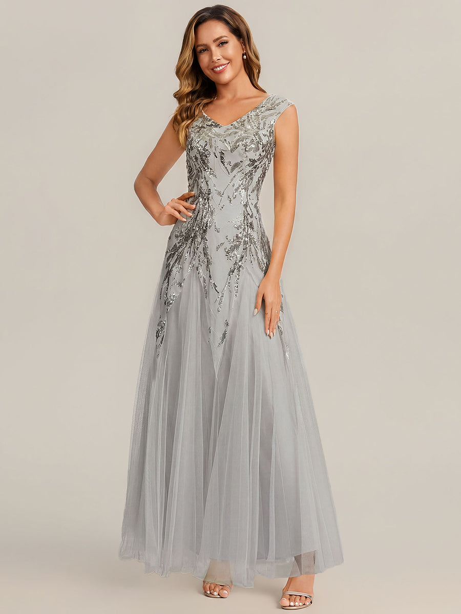 robe longue sans manches décolletée en V brodée de fleurs en A #Couleur_Argent