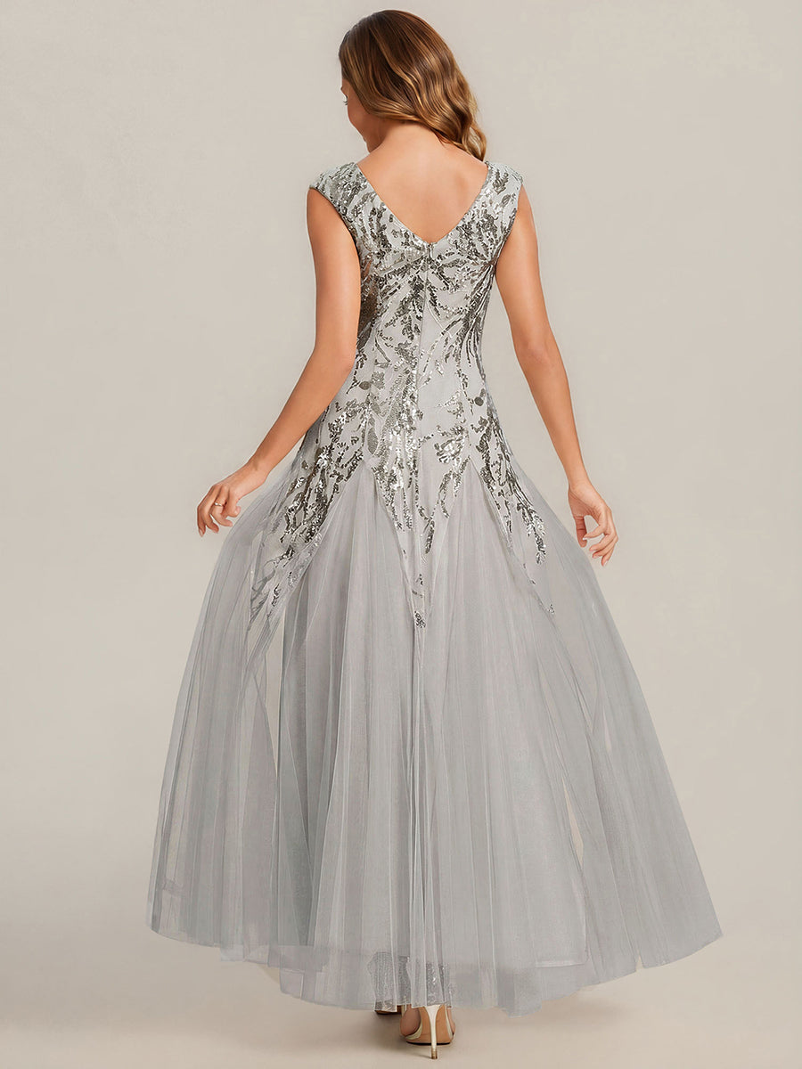 robe longue sans manches décolletée en V brodée de fleurs en A #Couleur_Argent