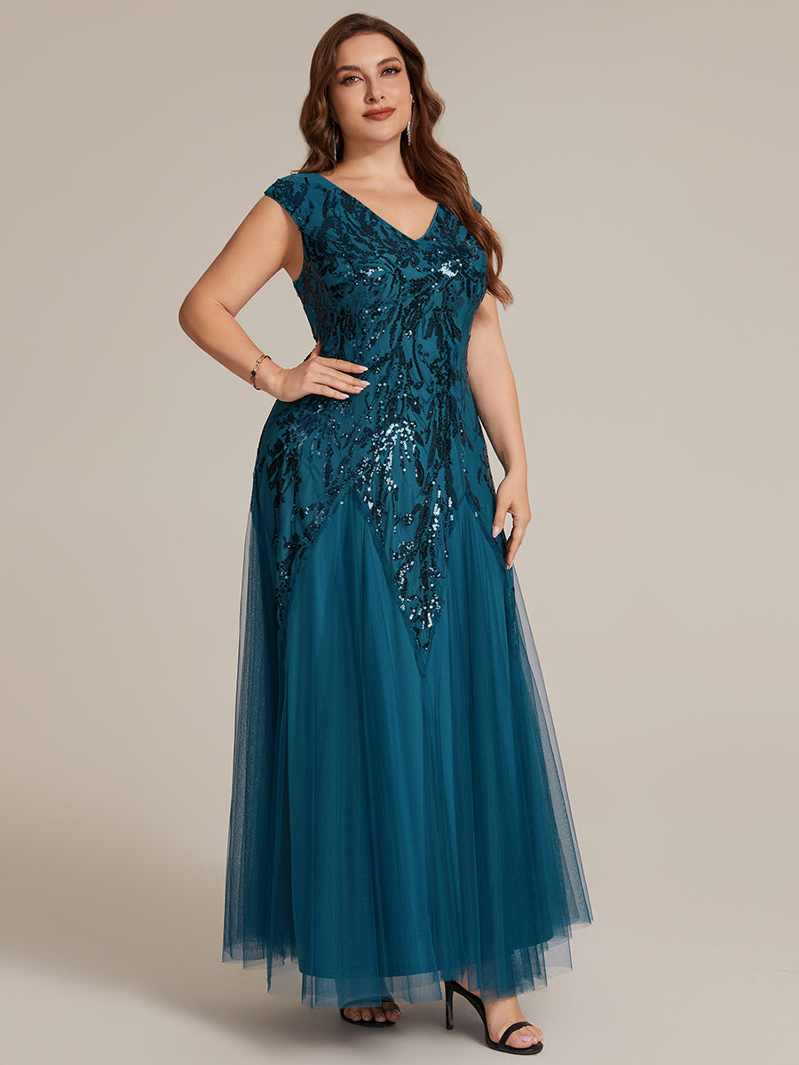 robe longue sans manches décolletée en V brodée de fleurs en A #Couleur_Bleu Sarcelle