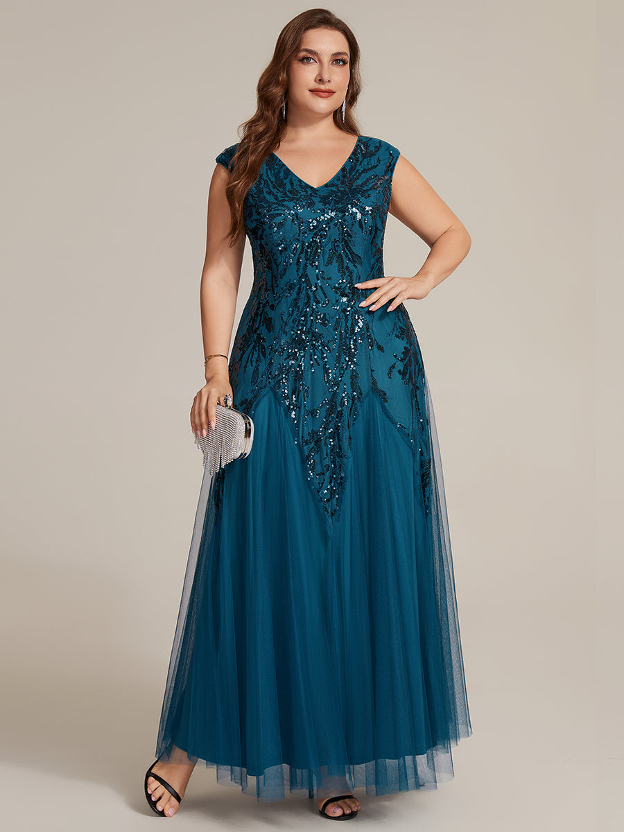 robe longue sans manches décolletée en V brodée de fleurs en A #Couleur_Bleu Sarcelle
