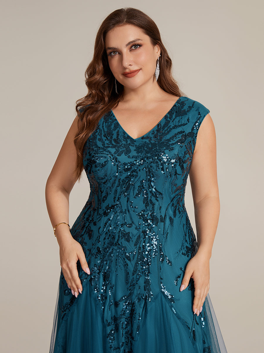 robe longue sans manches décolletée en V brodée de fleurs en A #Couleur_Bleu Sarcelle