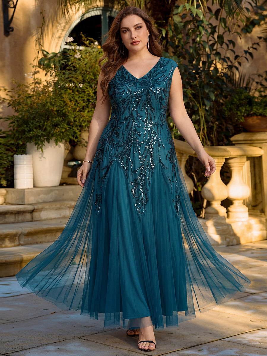 robe longue sans manches décolletée en V brodée de fleurs en A #Couleur_Bleu Sarcelle